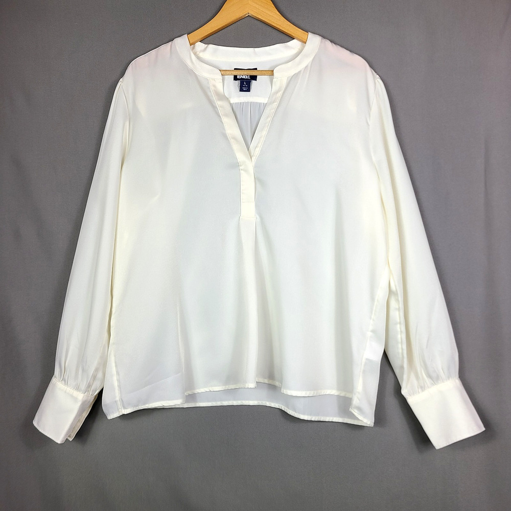 Lands End Cream Satin Popover Top Career Shirt Corpcore Minimalist Chic Size L